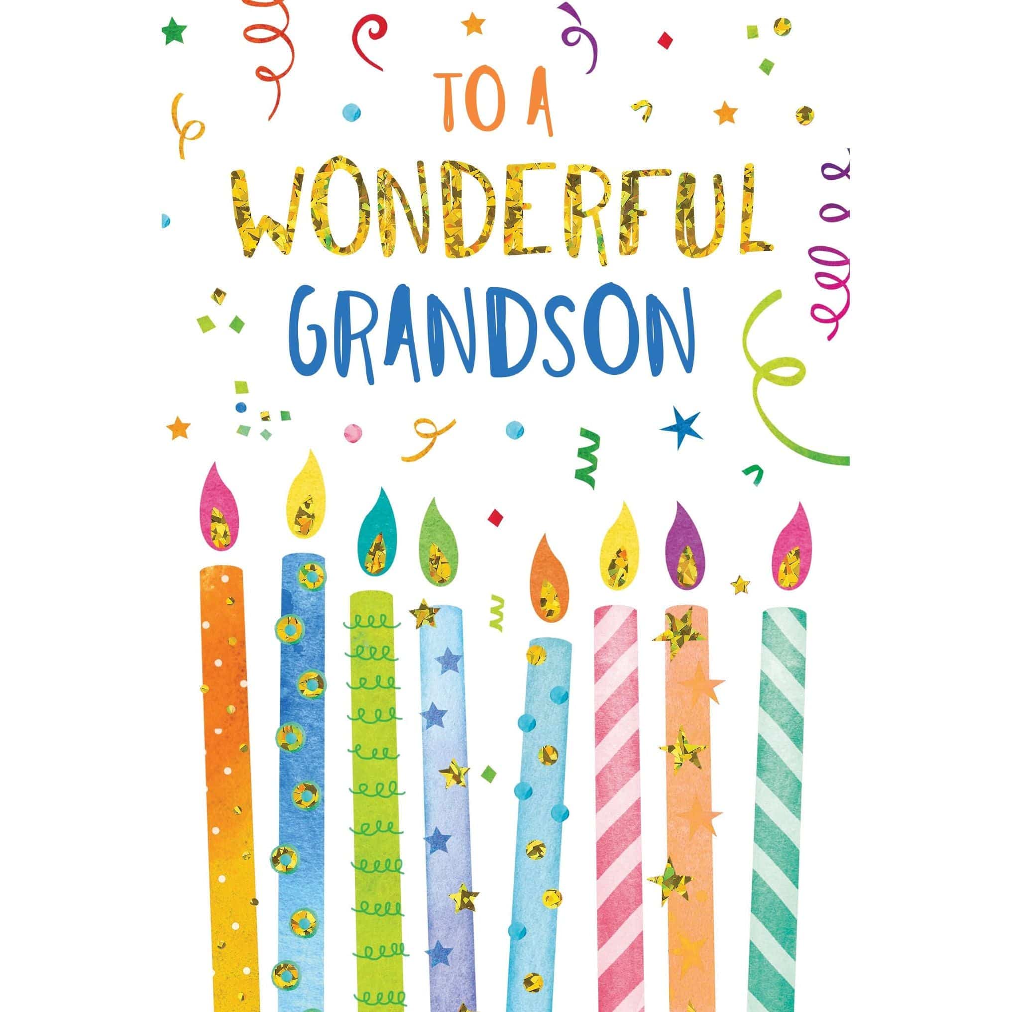 Pictura Candles & Confetti birthday card for grandson featuring colorful candles and confetti design on a white background.